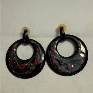 Black Resin Hoop Earrings with Red & Gold Swirl vintage